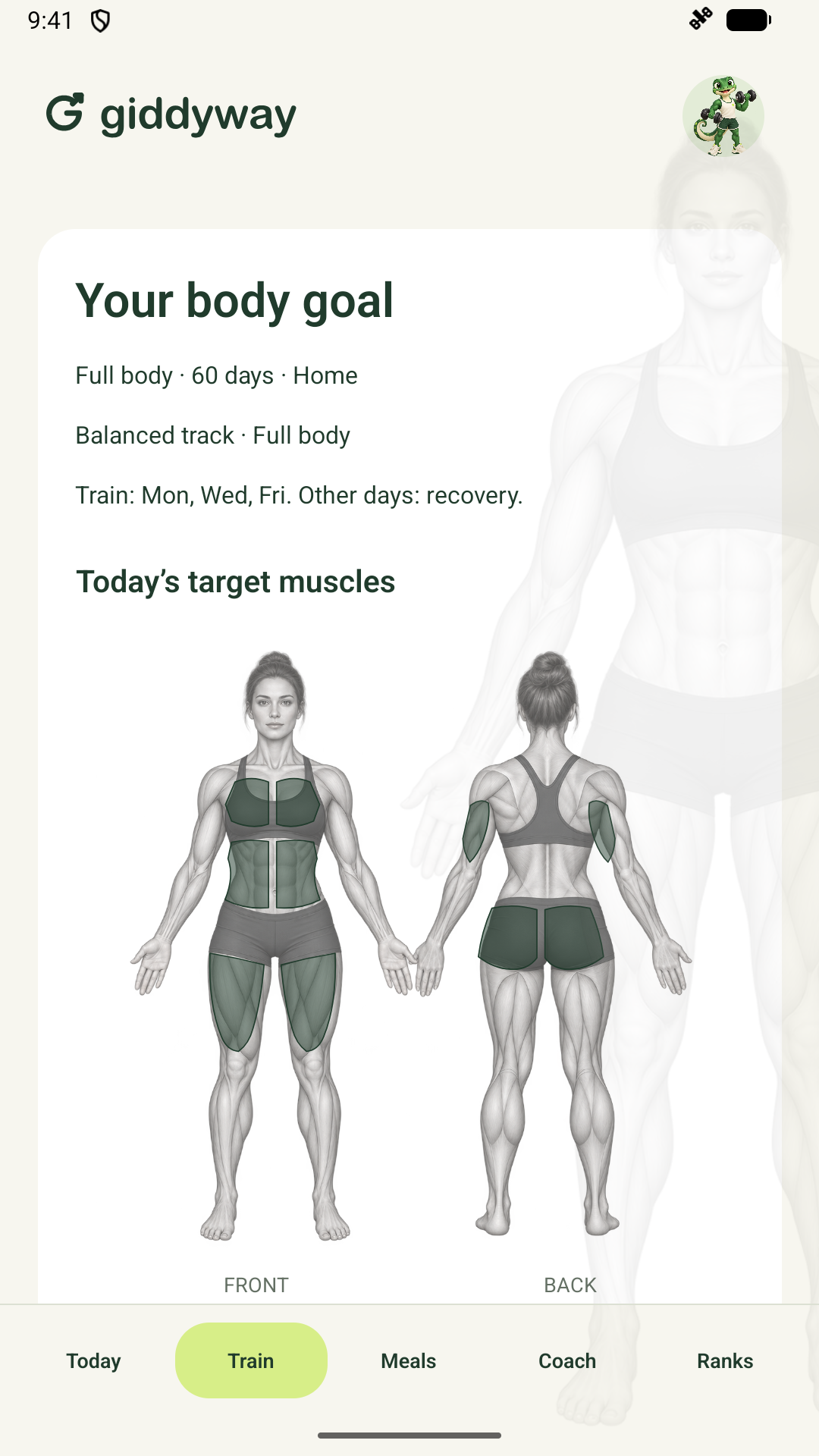Giddyway training preview showing a personalised routine and exercises